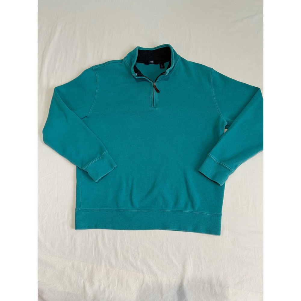 Lands End Mens Teal Green 100% Cotton Ribbed Quarter Zip Pullover Sweater Large